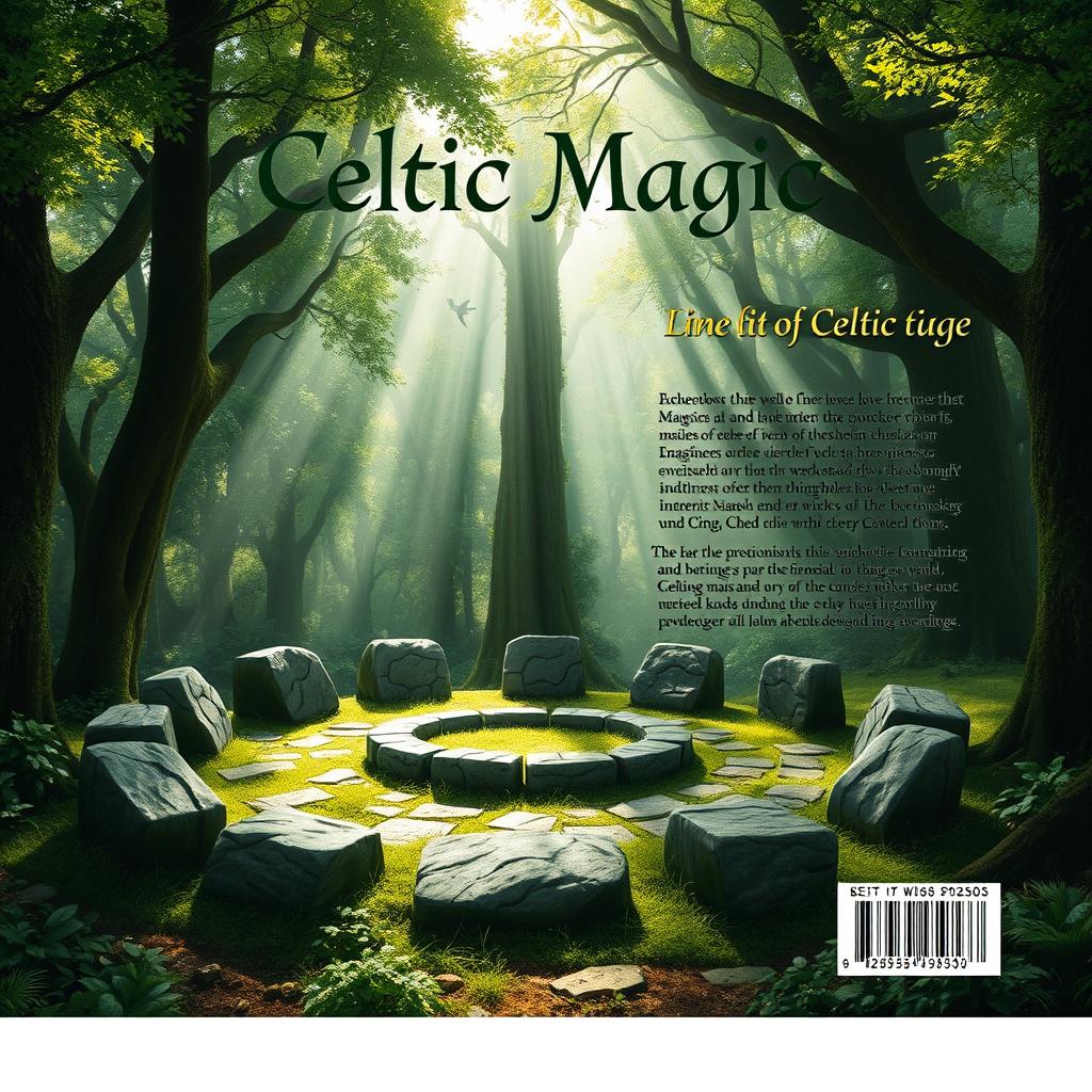 An evocative book cover design featuring Celtic magic, comprising a front cover and a back cover