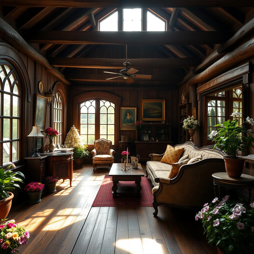 A beautifully restored rustic house showcasing its old school glory, featuring traditional wooden beams, vintage furniture, and elegant décor