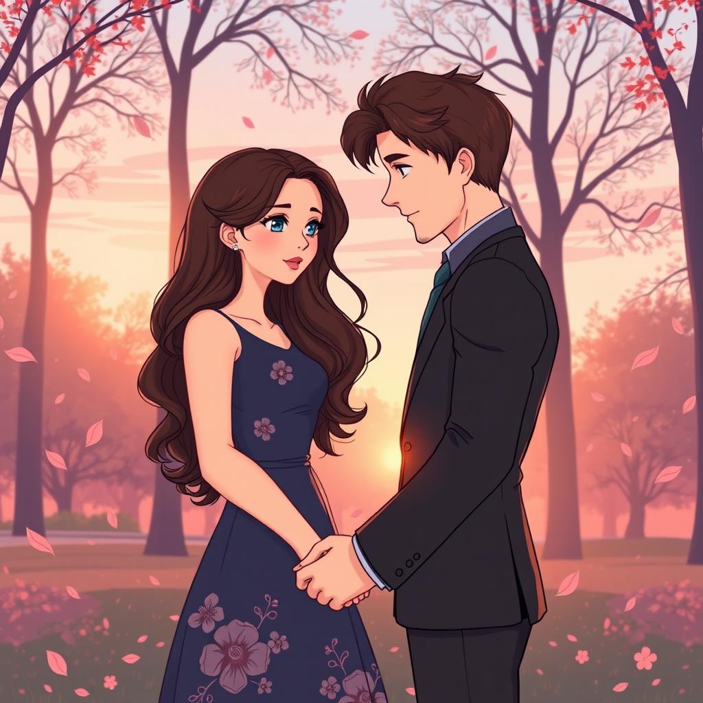 A realistic vector illustration featuring a young woman with long, wavy dark brown hair and dark blue eyes filled with longing and content pain, dressed in a dark blue dress with floral patterns