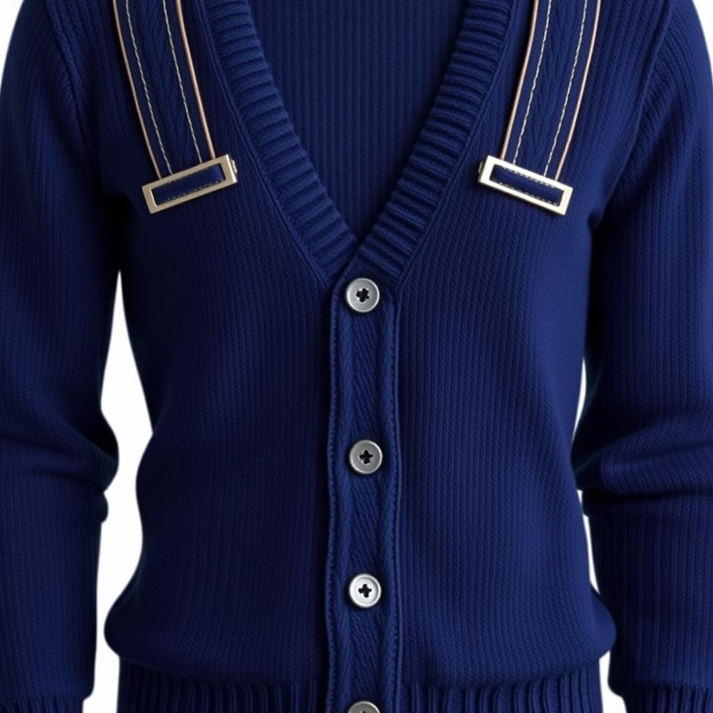A detailed representation of a navy sweater, showcasing all its features including straps, buttons, seams, and intricate textures