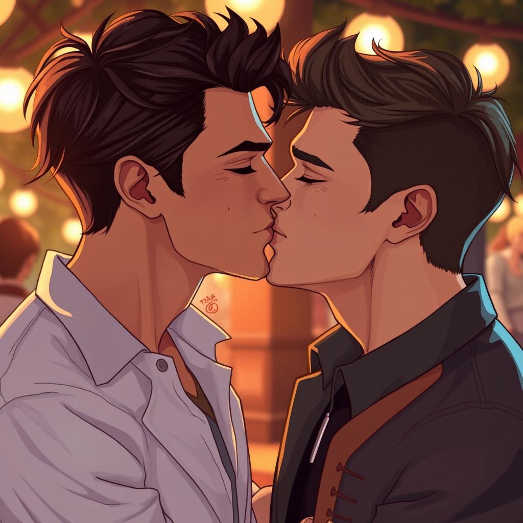 A passionate kiss between two men, showcasing a tender moment of affection