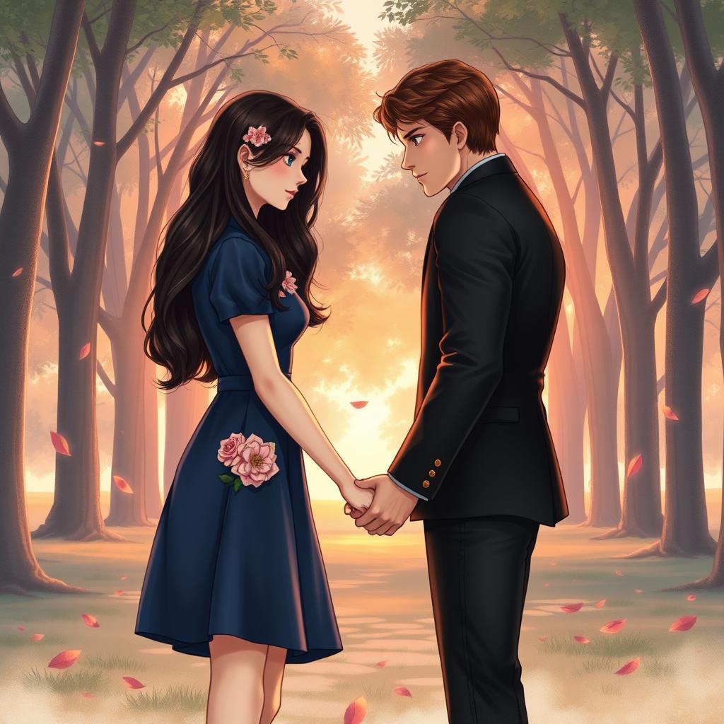 A realistic drawing featuring a young woman with long, wavy dark brown hair and dark blue eyes that convey longing and restrained pain