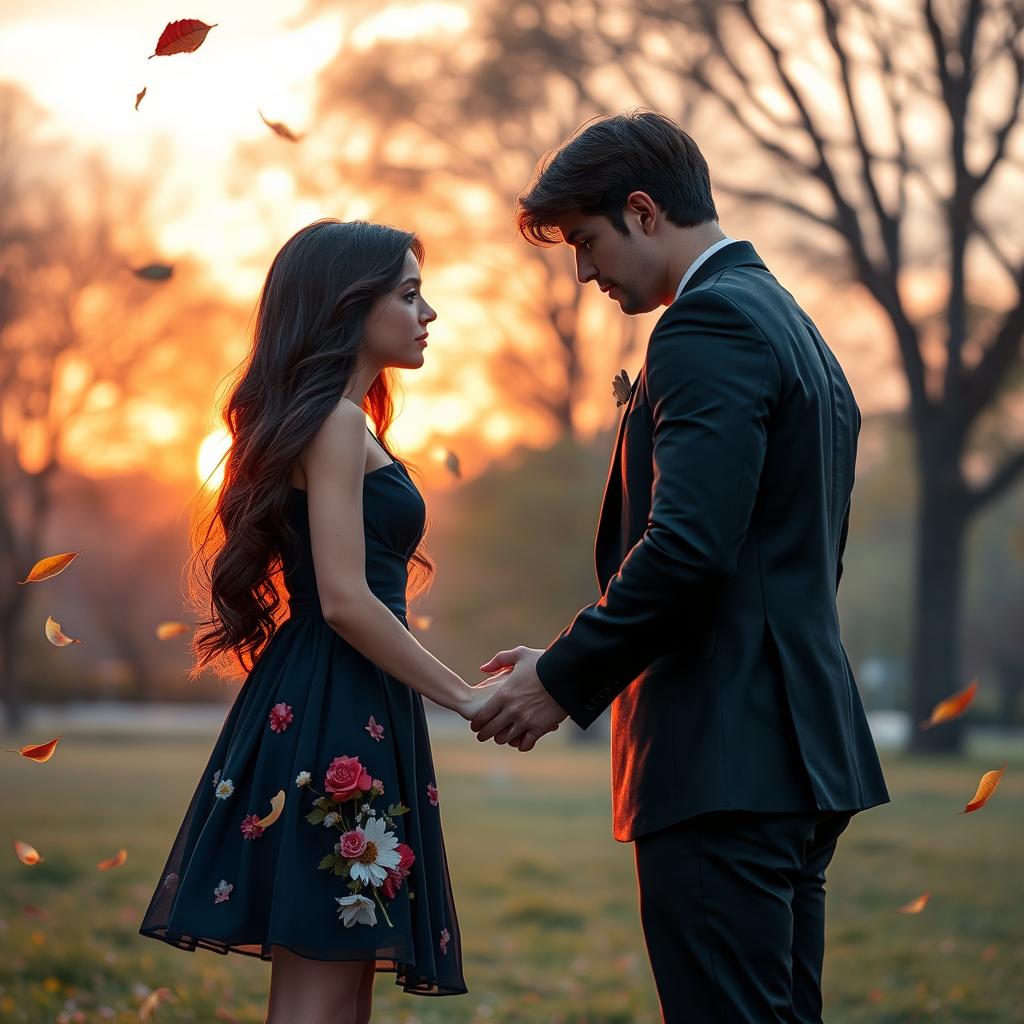 A scene set in a serene park at sunset, characterized by a background palette of light, soft colors, bathed in pastel shades of pinks, reds, and whites, evoking a romantic and hopeful atmosphere