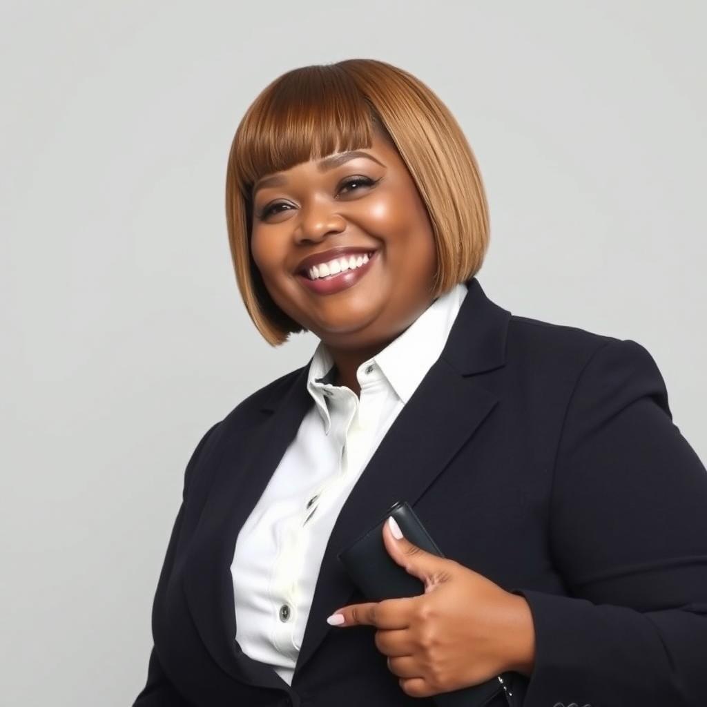 A chubby woman with straight light brown short hair dressed in elegant formal attire, smiling broadly with her teeth visible