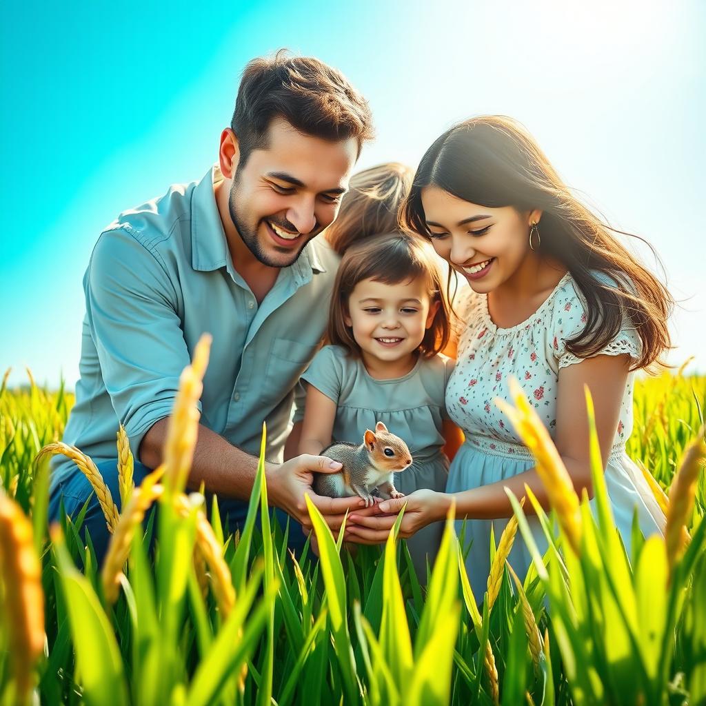 A heartwarming scene depicting a family of four (parents and two children) in a lush green rice field