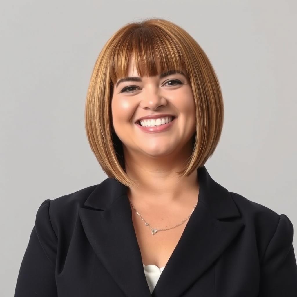 A chubby woman with straight light auburn brown short hair styled to the shoulders, without bangs, dressed in sophisticated formal attire