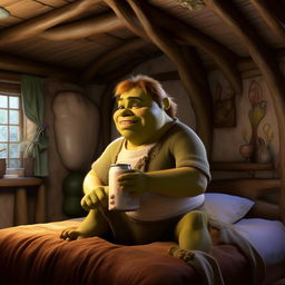 A robust Shrek character in a cozy bedroom, humorously holding a can of whipped cream.