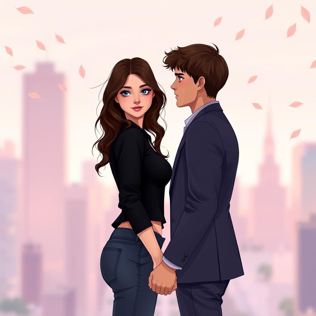 A young woman with long, wavy dark brown hair and dark blue eyes, sporting fair skin and soft, realistic features, stands in front of a man with short brown hair and intense brown eyes, having defined adult features