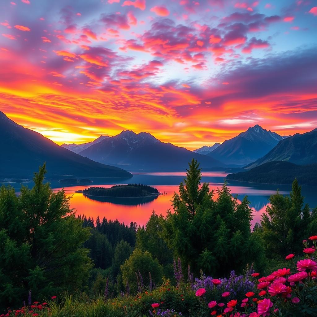 A stunning, high-resolution image featuring a beautiful landscape at sunset, with vivid oranges and purples in the sky, reflecting off a tranquil lake