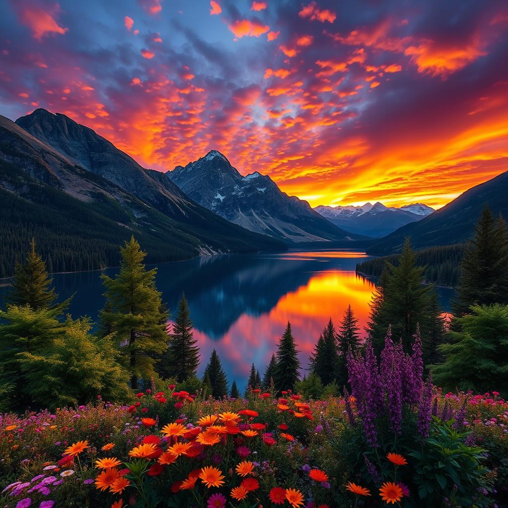 A stunning, high-resolution image showcasing a breathtaking landscape at sunset, featuring deep oranges and purples in the sky that beautifully reflect upon a serene lake