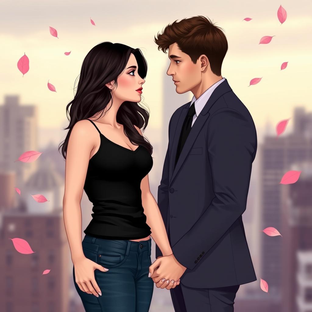A young woman with long, wavy dark brown hair, dark blue eyes, fair skin, and soft but realistic features stands in front of a man with short brown hair, intense brown eyes, and defined adult features