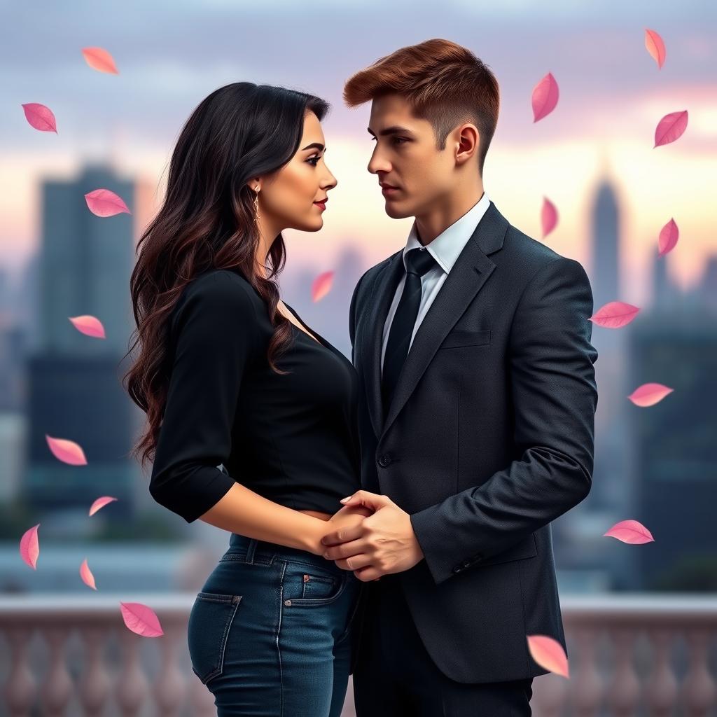 A young woman with long, wavy dark brown hair, dark blue eyes, fair skin, and soft but realistic features stands in front of a man with short brown hair, intense brown eyes, and defined adult features