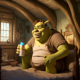 A robust Shrek character in a cozy bedroom, humorously holding a can of whipped cream.