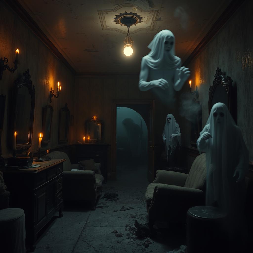 A haunting and atmospheric scene depicting a spooky, abandoned house filled with ghostly apparitions and strange shadows lurking in the corners, dimly lit by flickering candlelight