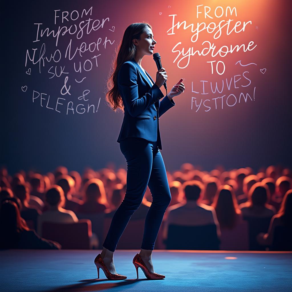A captivating book cover titled 'From Imposter Syndrome to Influencer', featuring a confident woman standing in front of a large audience, exuding charisma and inspiration