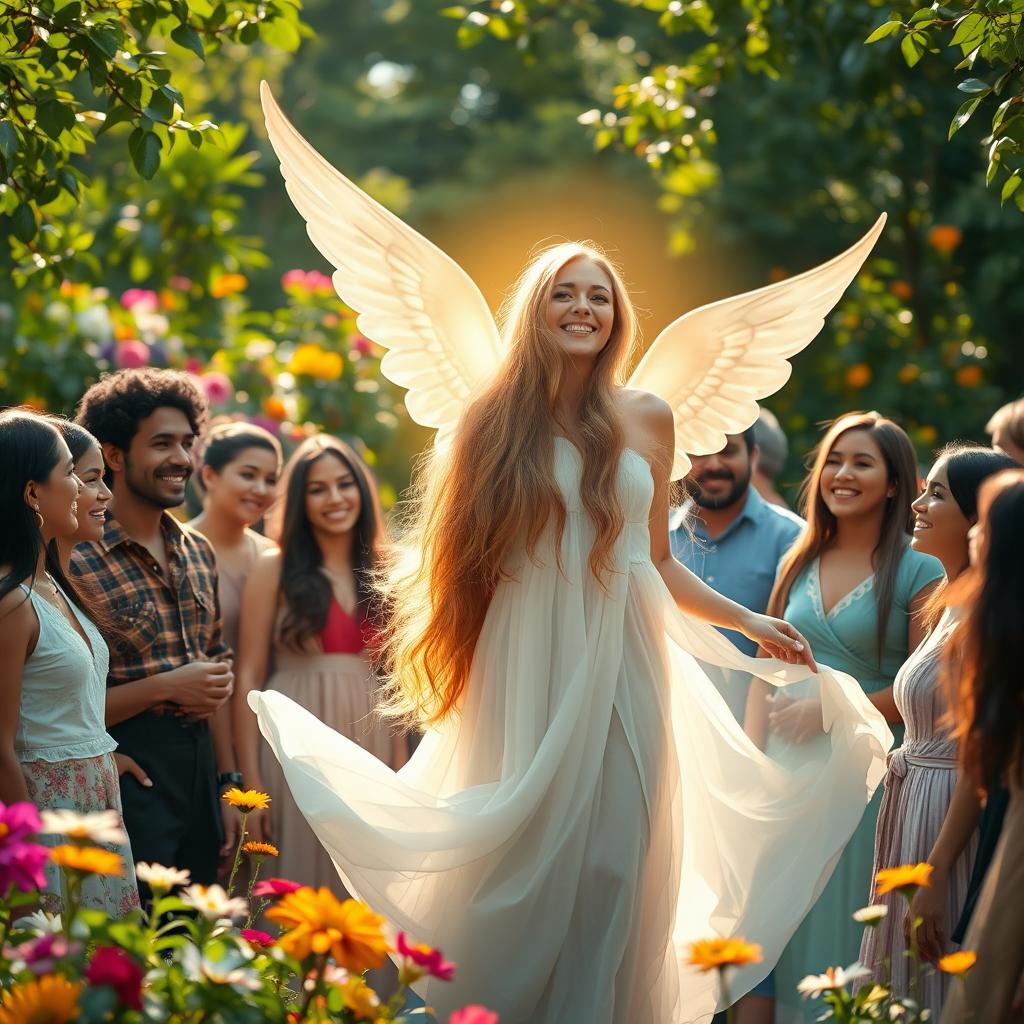 A serene and angelic woman, radiating a warm and ethereal glow, is surrounded by a diverse group of people