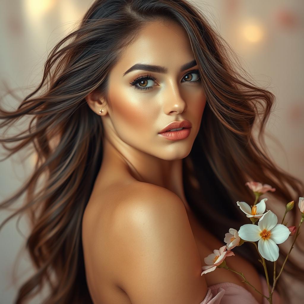 A stunning and confident woman with flowing long hair and captivating eyes, posed elegantly in a soft, dreamy environment that evokes an ethereal feel