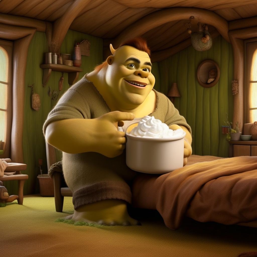 A robust Shrek character in a cozy bedroom, humorously holding a can of whipped cream.