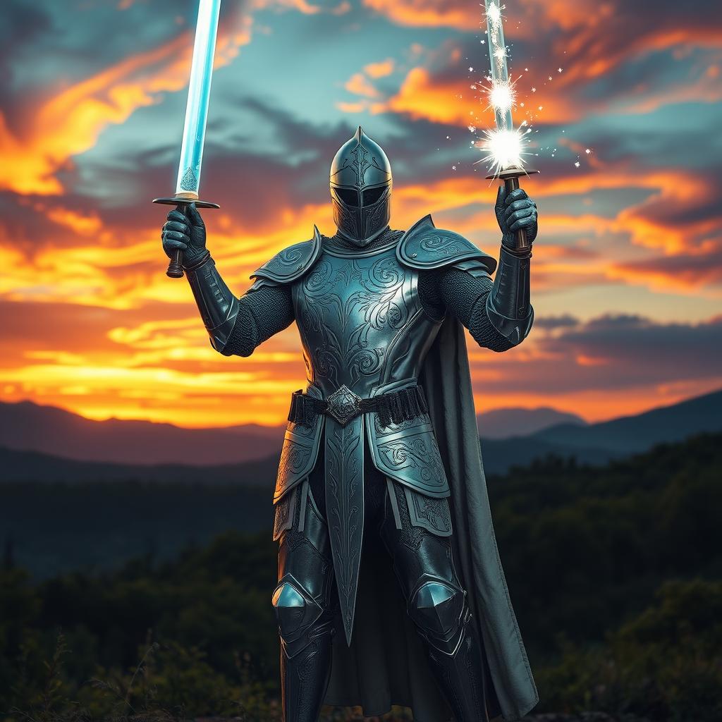A silver knight with the ability to emit light from his magical swords, standing heroically in a fantastical landscape