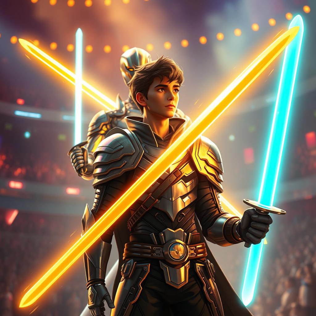 A dynamic scene featuring a character named Fermín who is engaging in conversation with a futuristic companion made of silver material