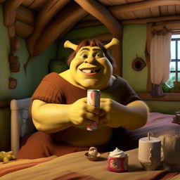 A robust Shrek character in a cozy bedroom, humorously holding a can of whipped cream.