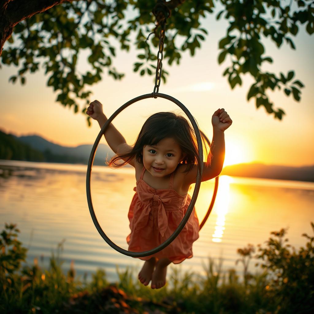 A young Asian girl suspended in a hanging wheel from a tree by a serene lake at sunset, surrounded by lush greenery