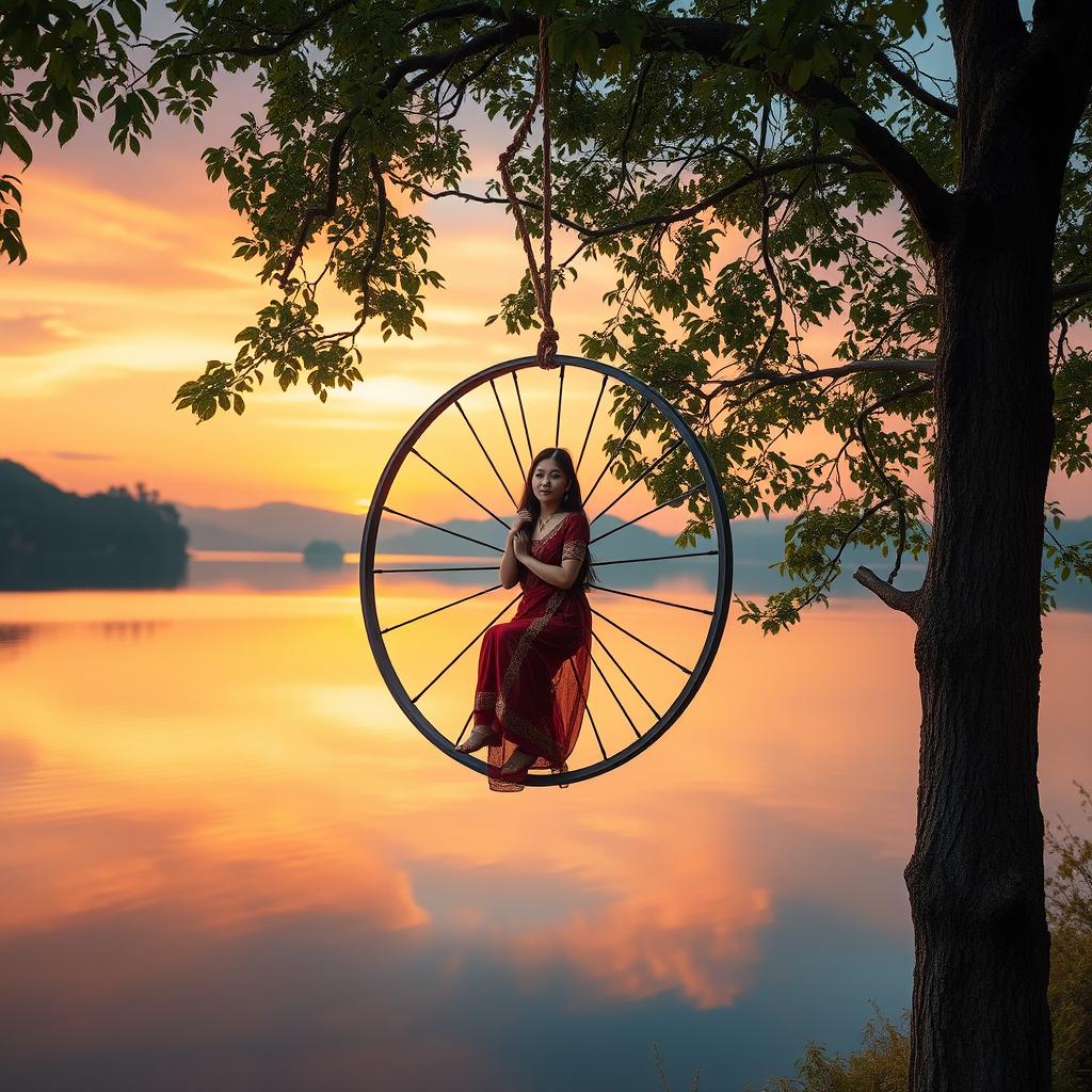 A serene and captivating scene of an Asian girl caught in a hanging wheel suspended from a tree, overlooking a tranquil lake at sunset