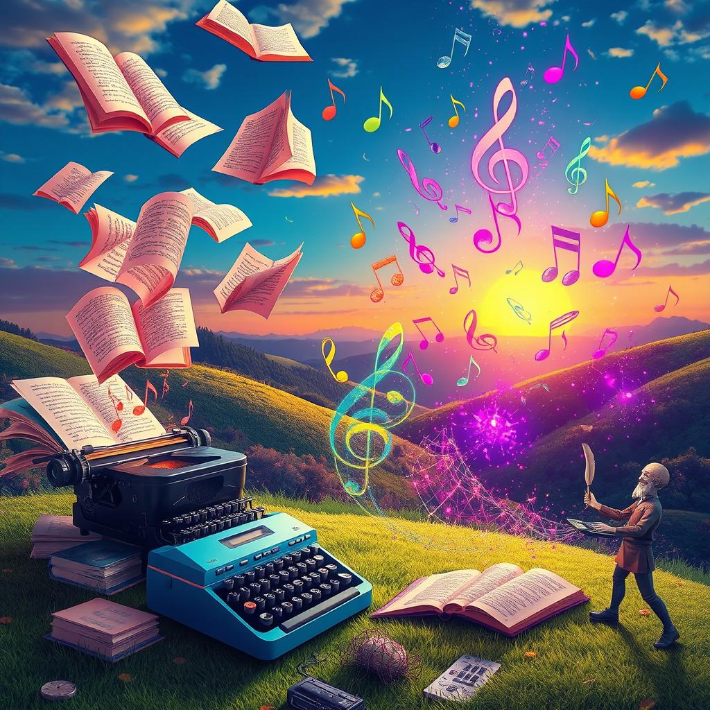 A vibrant and surreal representation of the process of storytelling transitioning from written words to AI-generated music