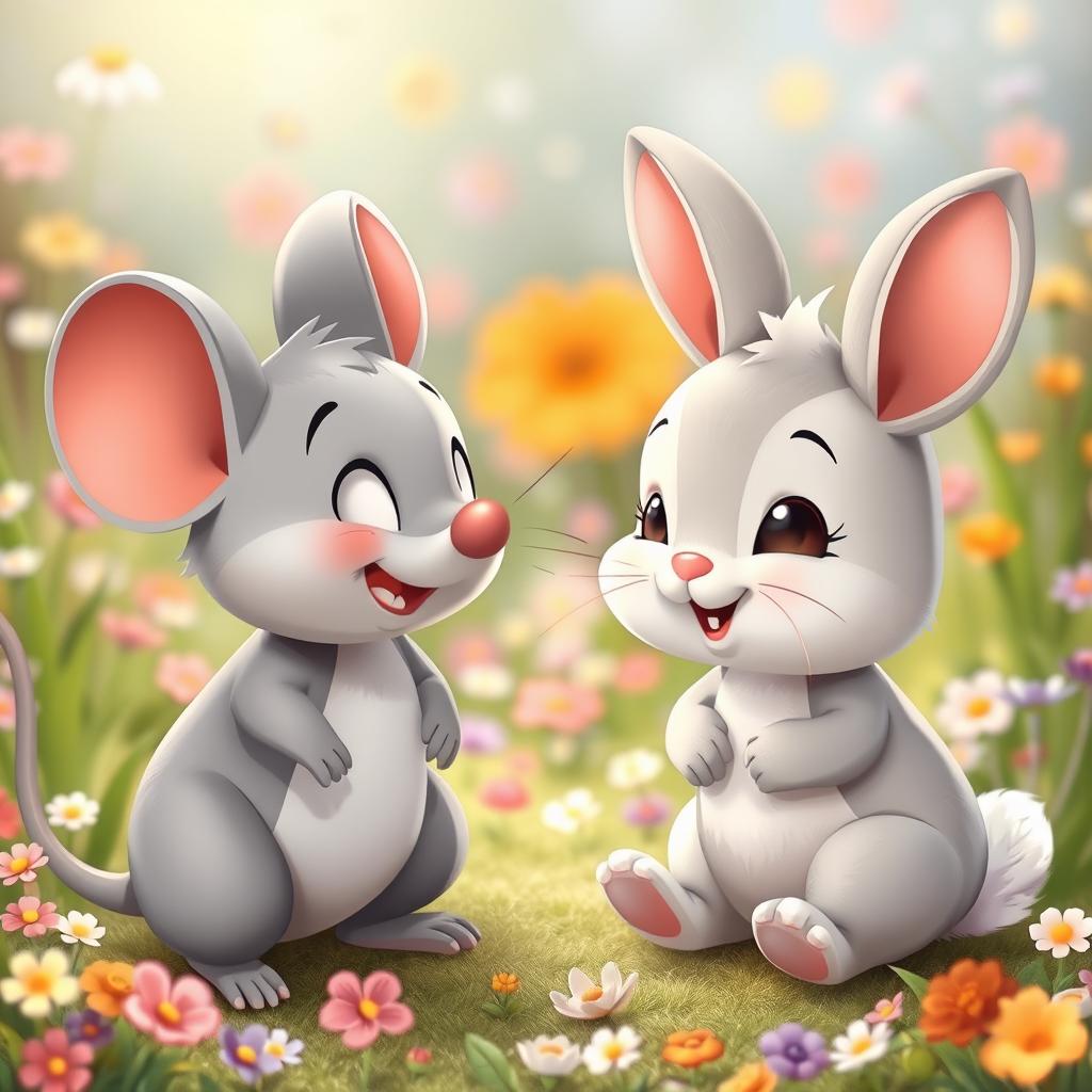 A vibrant and cheerful scene depicting a cartoon grey mouse named Mousey and a baby rabbit named Fluffy facing each other
