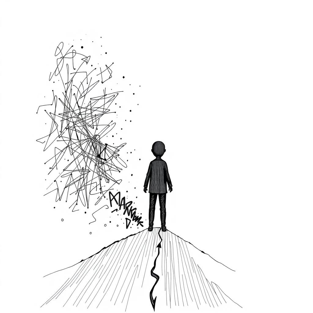 A monochrome line-drawing style cover featuring a lone figure standing at a split path