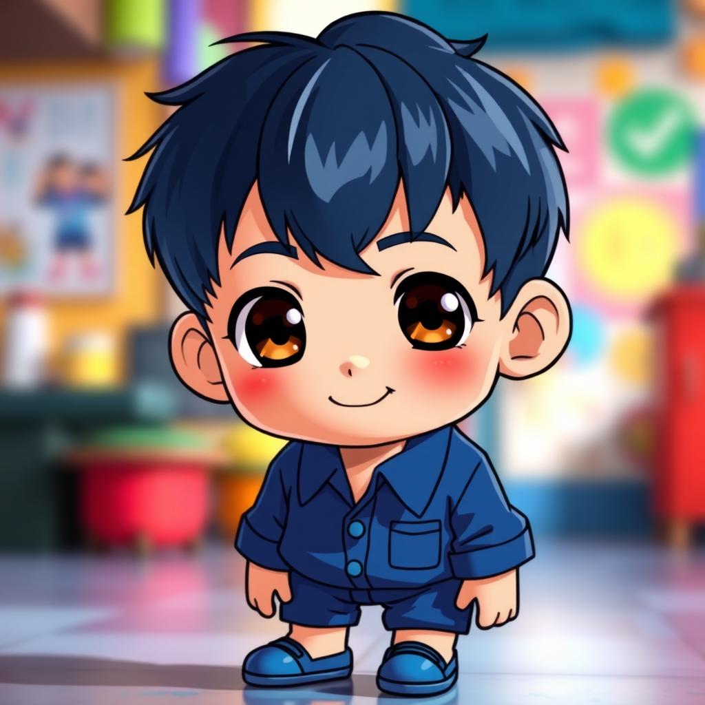 A small anime boy with short dark blue hair, striking deep brown eyes, and slightly tanned skin