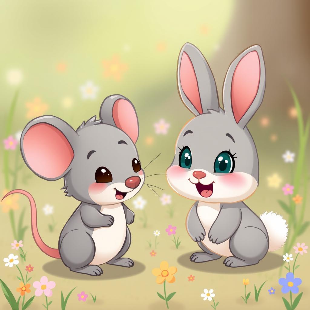 A charming cartoon scene featuring a grey Mouse named Mousey and Fluffy, the baby rabbit, facing each other