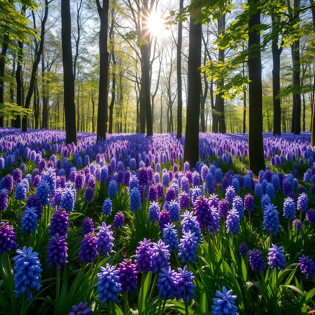 A lush forest filled with vibrant purple and blue hyacinths blooming abundantly among the trees