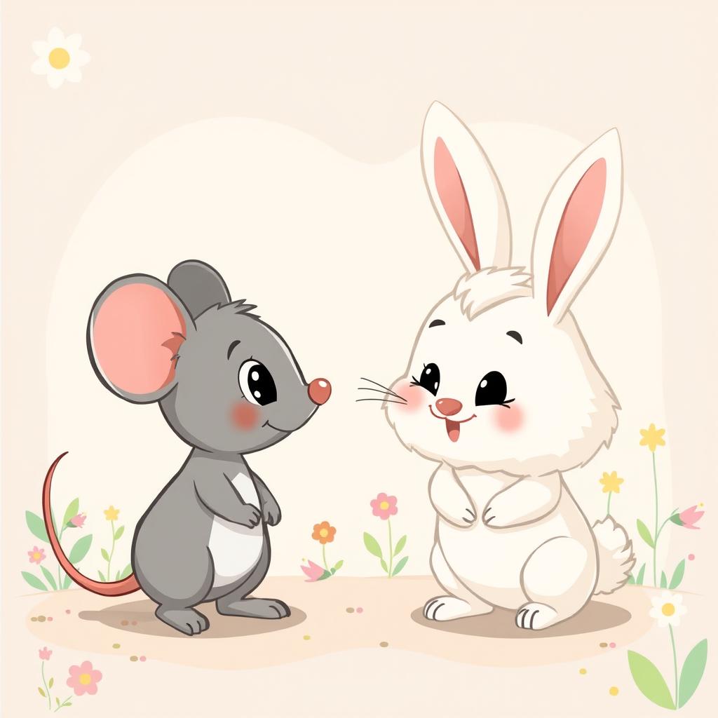 A charming cartoon scene featuring a grey mouse named Mousey and a fluffy baby rabbit named Fluffy facing each other