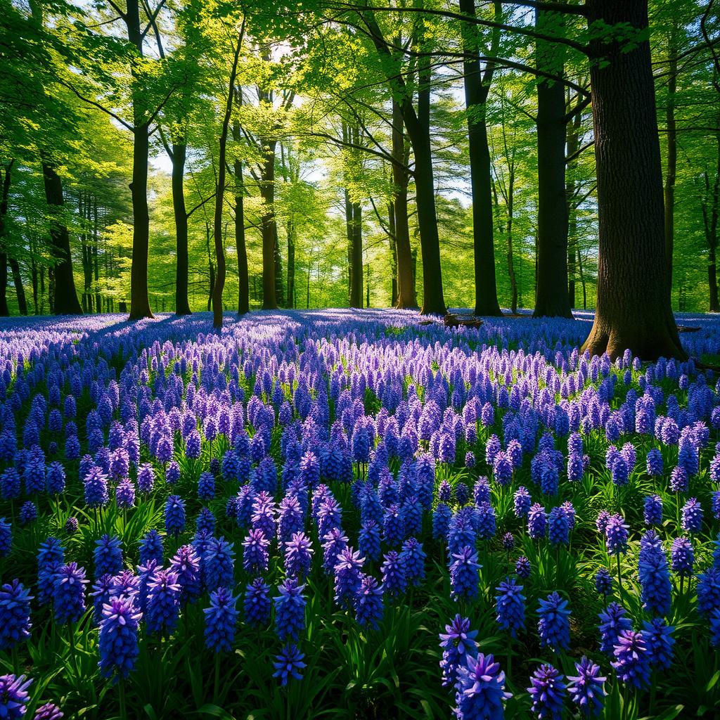 A lush green forest floor covered with vibrant purple and blue hyacinths, creating a stunning natural carpet of flowers