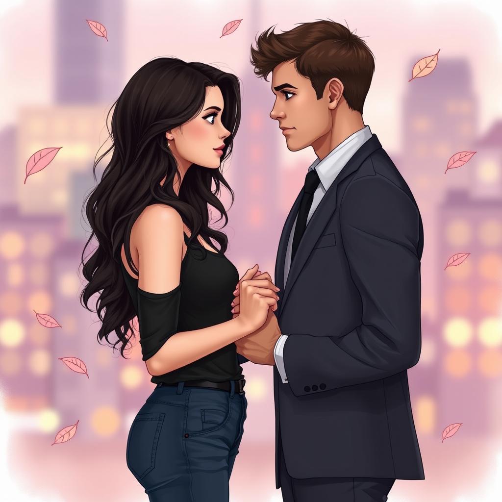 A young woman with long, wavy dark brown hair and dark blue eyes, exhibiting fair skin and soft, realistic features, stands in front of a man with short brown hair, intense brown eyes, tall and muscular build