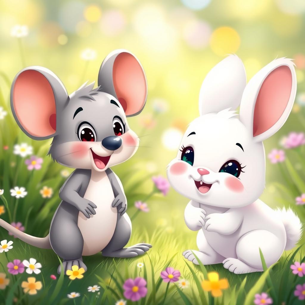 A delightful cartoon scene featuring a grey mouse cartoon character looking excited and hopeful, facing a baby rabbit named Fluffy, who has a warm smile on its face