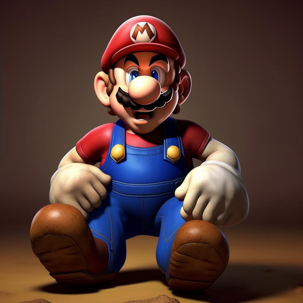 A realistic-looking Mario from the Super Mario series portraying a sense of fatigue.