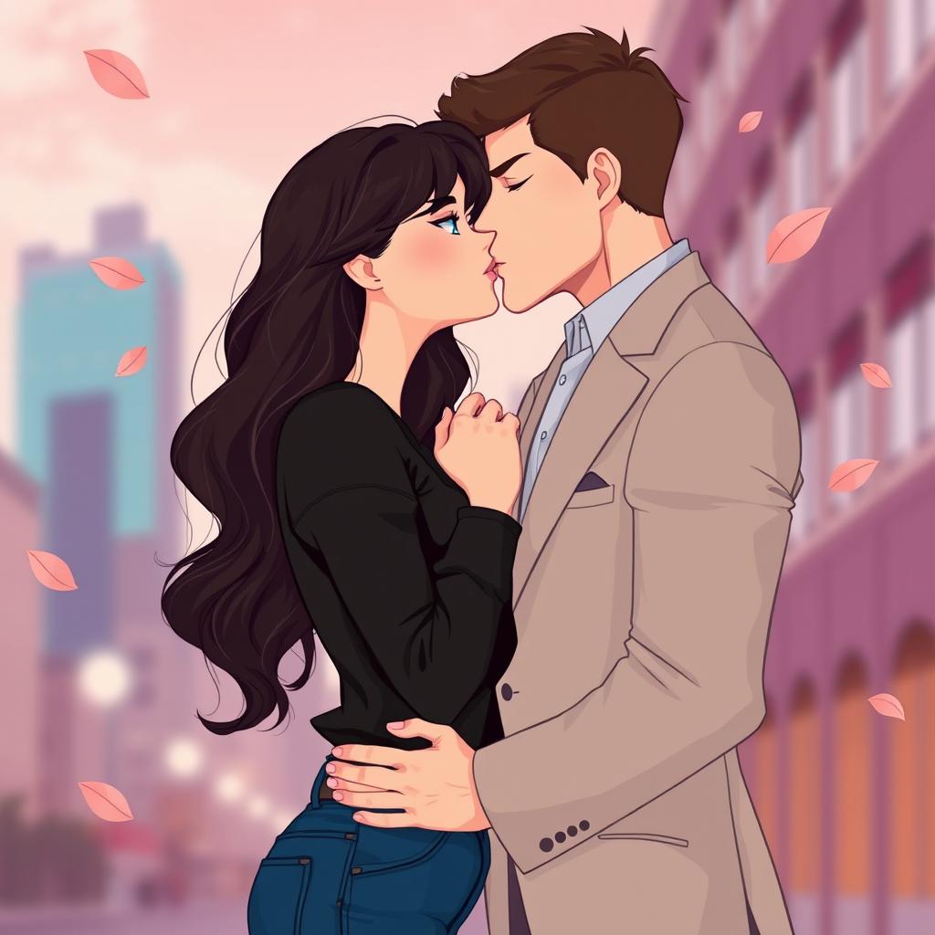 A young woman with long, wavy dark brown hair, dark blue eyes, fair skin, and soft but realistic features stands in front of a slightly older man with short brown hair, intense brown eyes, tall and muscular build