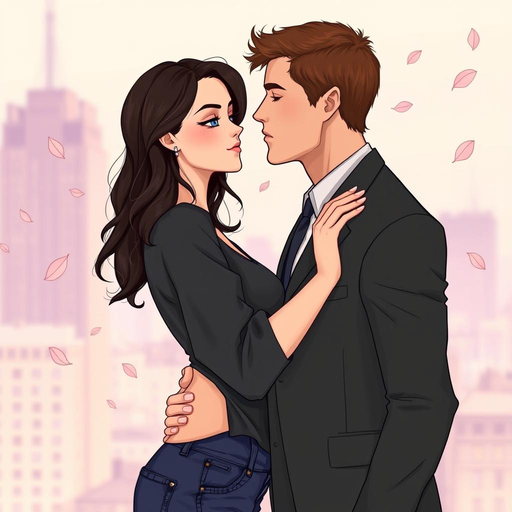 A young woman with long, wavy dark brown hair, dark blue eyes, fair skin, and soft but realistic features stands in front of a slightly older man with short brown hair, intense brown eyes, tall and muscular build