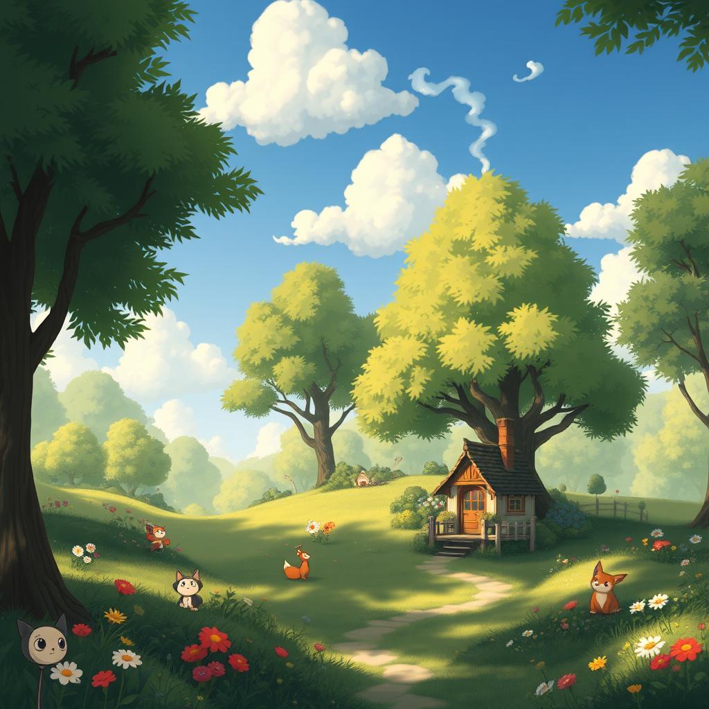 A serene landscape featuring a whimsical forest scene inspired by Studio Ghibli's animation style