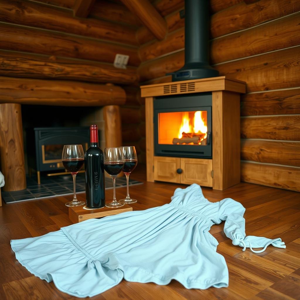 A cozy log cabin bedroom featuring a traditional wooden fireplace that casts a warm glow