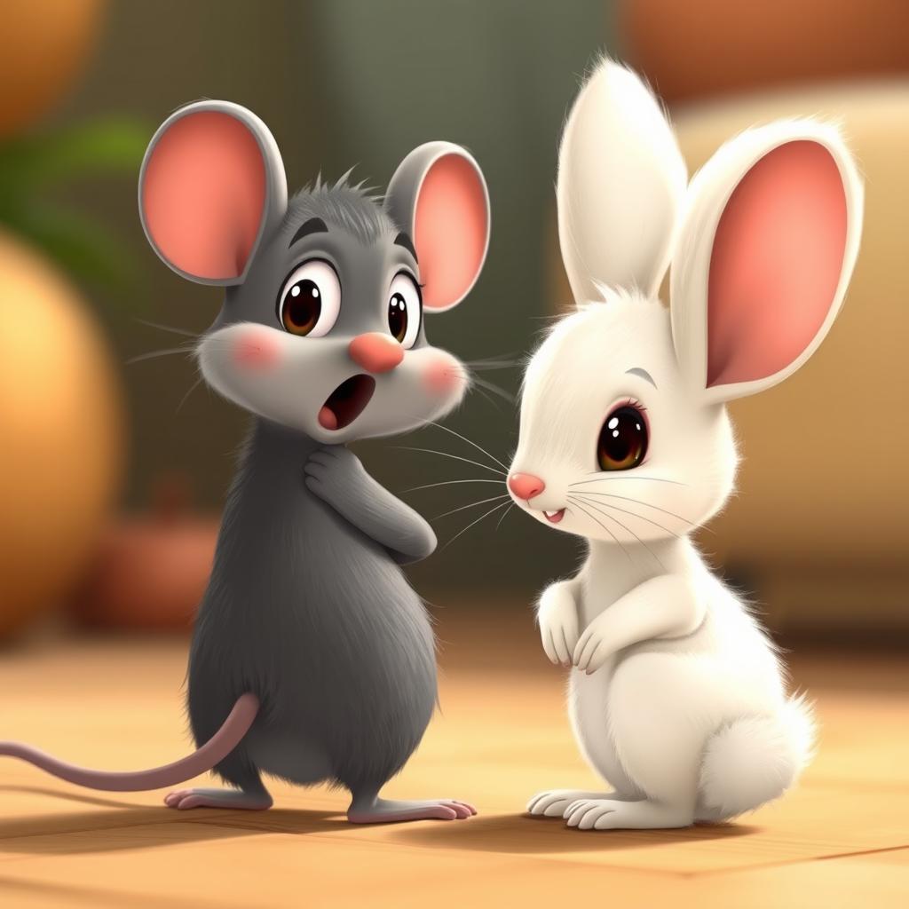 A cartoon grey mouse with a surprised expression turns around to face a small, adorable baby rabbit