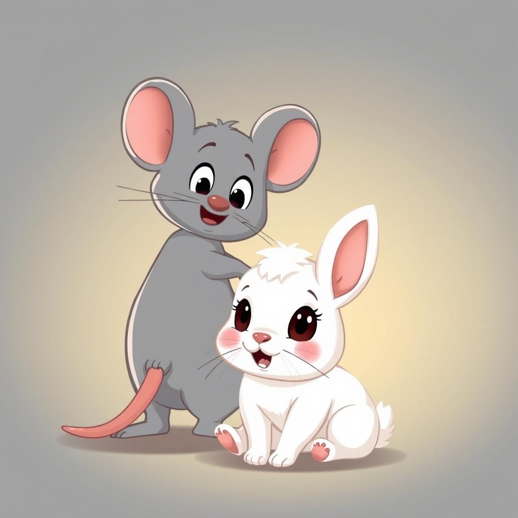 A cute cartoon scene featuring a surprised grey mouse character turning around