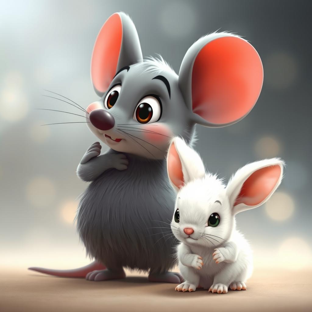 A cartoonish grey mouse turning around in surprise, his wide eyes full of wonder