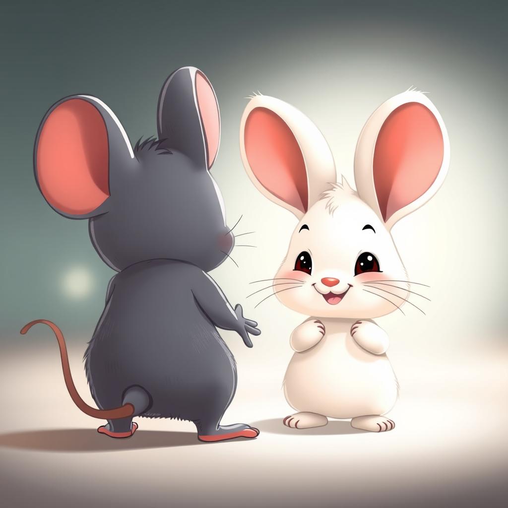 A cute cartoon scene featuring a grey mouse character turning around in surprise, facing a small, adorable baby rabbit