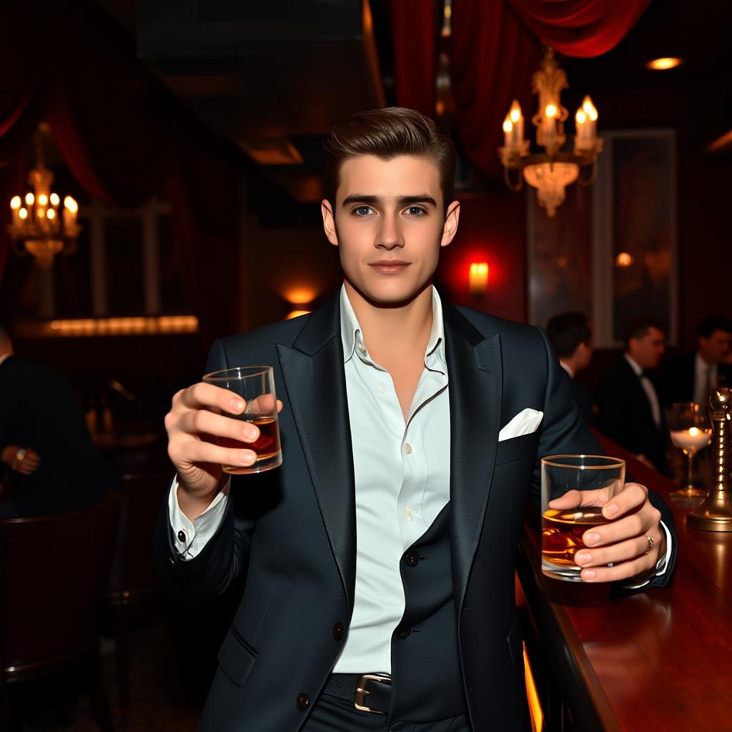 A young man at a cabaret, exuding charm and charisma, holding a cigar in one hand and a glass of whisky in the other