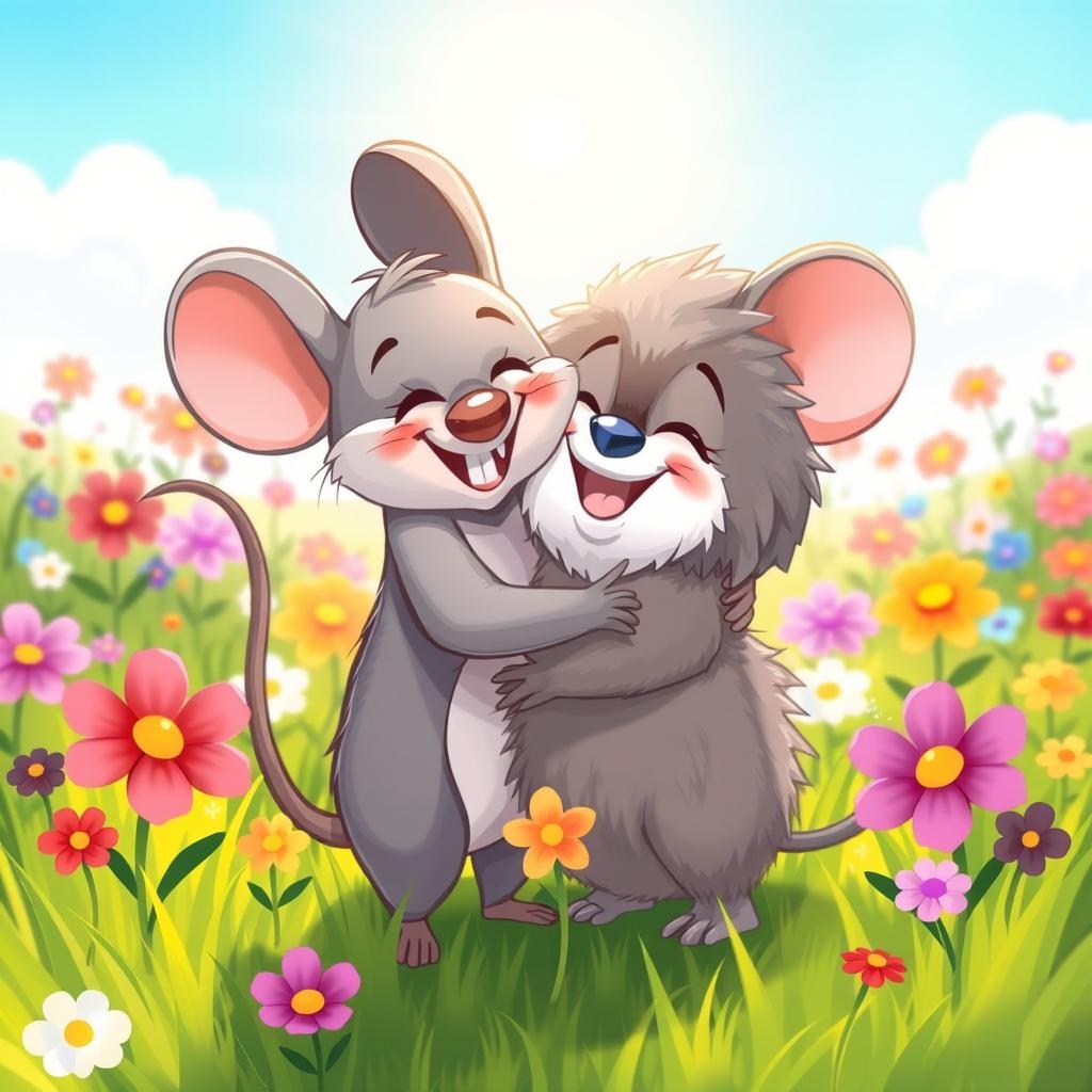 A joyful scene depicting a grey cartoon mouse and a fluffy character embracing each other in a warm hug