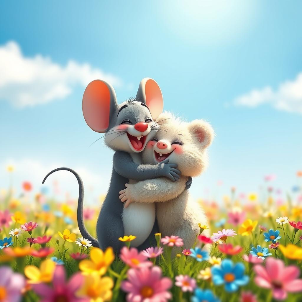 A heartwarming scene of a grey cartoon mouse, named Mousey, and a fluffy character joyfully hugging each other in a vibrant meadow
