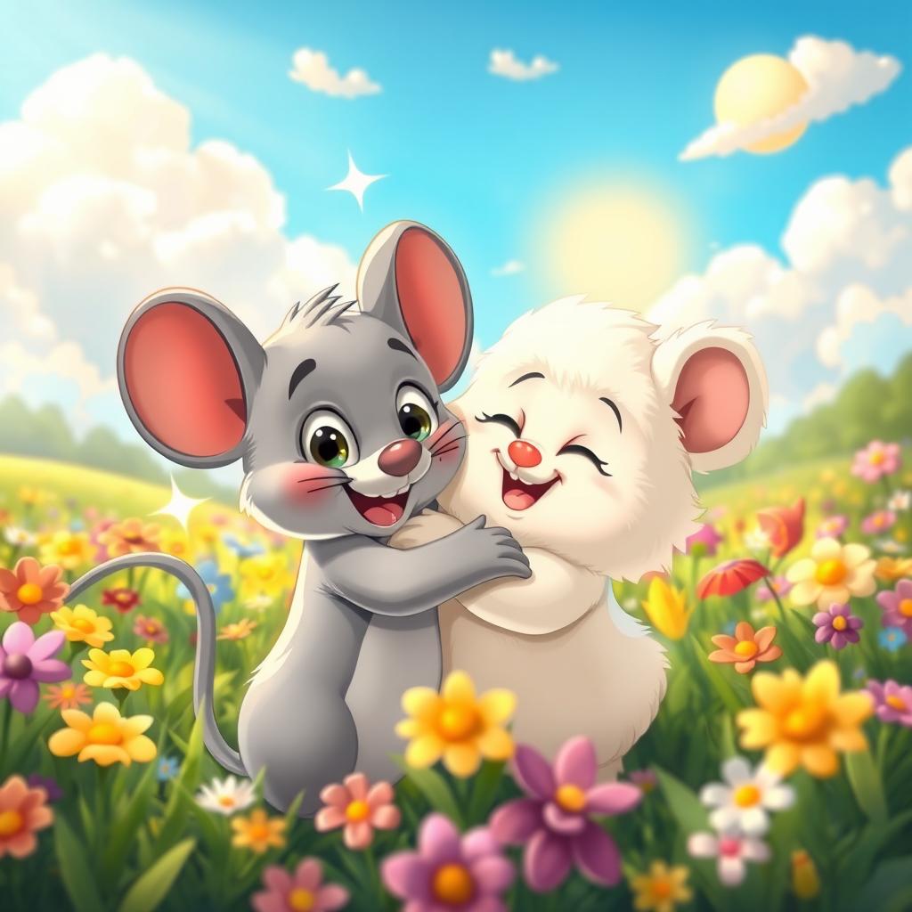 A cartoon scene featuring a grey cartoon mouse named Mousey and a fluffy character joyfully hugging each other, surrounded by a vibrant meadow filled with colorful flowers and lush greenery